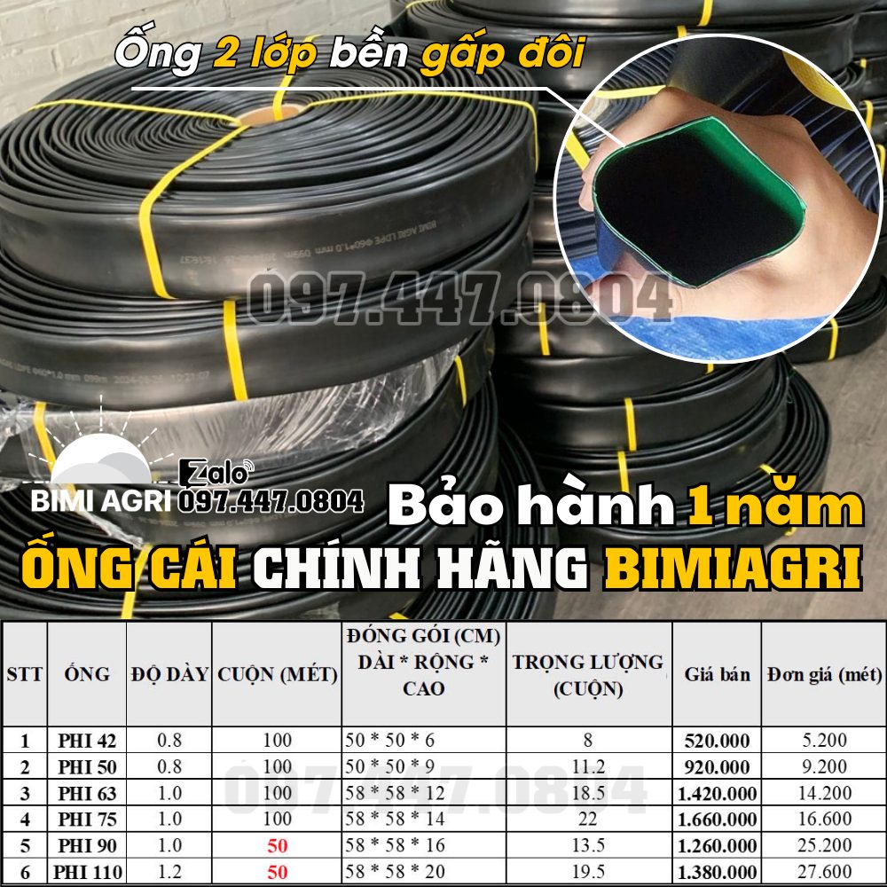 Chất liệu Nhựa PE (Polyetylen) Nguyên sinhÁp suất làm việc 4.0~6.0 bar (200~600 kpa, 2~6 kg / cm2) Độ bền ≥ 3 năm Ứng dụng làm ống tải nước, ống chính rẽ nhánh, và ống gắn béc Nhiệt độ bảo quản Nhiệt độ phòng (tránh ánh sáng trực tiếp) Thương hiệu BIMI AGRI bảo hành 1 năm từ nhà sản xuất